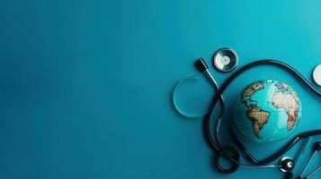 World Health day with stethoscope and miniature earth on blue background, AI Generative photo