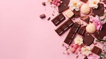 Valentine with chocolate and pink flower sprinkles on pink pastel background for banner design, AI Generative photo