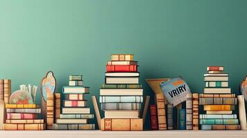 Side View of World book day banner design of a collection of stack of books on clean background, AI Generative photo