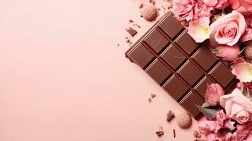 Valentine Day banner design with chocolate and pink flower sprinkles, AI Generative photo