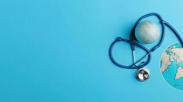 design of a stethoscope and miniature earth for World Health day banner, AI Generative photo
