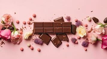 Valentine day background with a collection of chocolate and pink flower sprinkles, AI Generative photo
