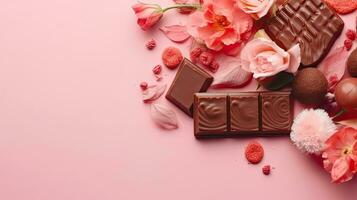 Valentine day banner design of a collection of chocolate and pink flower sprinkles, AI Generative photo