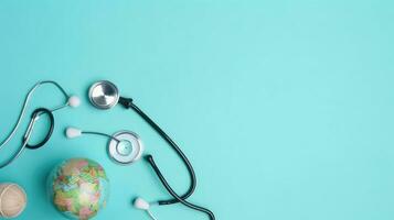 World Health Day with stethoscope and miniature earth on blue background for banner design, AI Generative photo