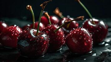 cherry fruits hit by splashes of water with black background and blur, AI Generative photo