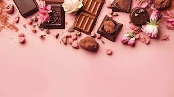 enamorado día con chocolate barras y rosado flor asperja en rosado pastel fondo, ai generativo foto