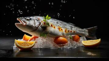 acqua pazza barramundi foto con difuminar antecedentes completar composición, ai generativo