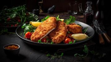 Chicken Tenders with vegetable ornament on blurred background, photo