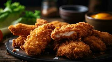 Closeup Chicken Tenders with vegetable ornament on blurred background, AI Generative photo