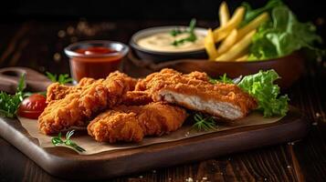 Chicken Tenders with vegetable ornament on blurred background, photo