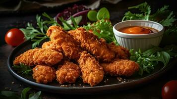 Chicken Tenders with vegetable ornament on blurred background, AI Generative photo