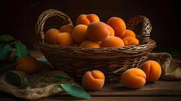 un manojo de Fresco naranja frutas albaricoque en un bambú cesta con difuminar fondo, ai generativo foto