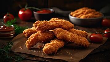 perfect view close up crispy chicken tenders with vegetable ornament, photo