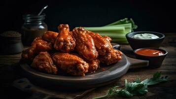 Buffalo Wings with cut vegetables on a black plate and blur background, AI Generative photo