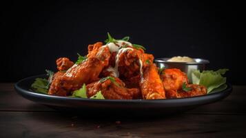 spicy red buffalo wings with cut vegetables on a black plate and blur background, AI Generative photo