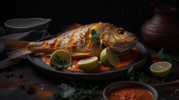 baked snapper red curry with complete composition and perfect viewing angles and background blur, AI Generative photo