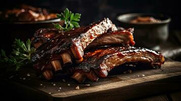 Barbecue Ribs with a sprinkling of chopped green vegetables and blur background, AI Generative photo