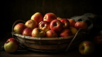 a bunch of apples in a basket with blur background, AI Generative photo