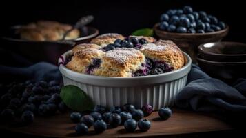 close up blueberry cobbler with blueberries fruit on a wooden table with a blurred background, AI Generative photo