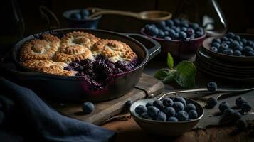 close up blueberry cobbler with blueberries fruit on a wooden table with a blurred background, AI Generative photo