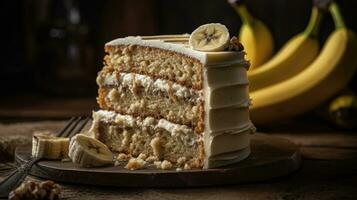 sweet brown banana cake with cream cheese with banana slices on it blur background, AI Generative photo