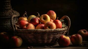 un manojo de Fresco manzanas en un cesta con difuminar fondo, ai generativo foto