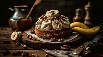 dulce marrón plátano pastel con crema queso con plátano rebanadas en eso difuminar fondo, ai generativo foto