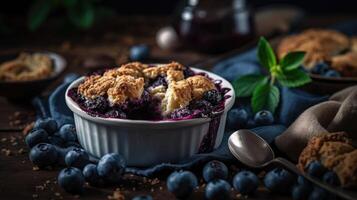 arándano zapatero con arándanos Fruta en un de madera mesa con un borroso fondo, ai generativo foto