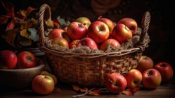 un manojo de manzanas en un cesta con difuminar fondo, ai generativo foto