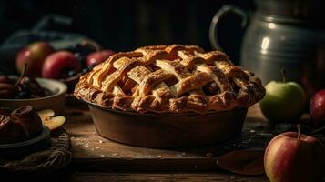 sweet apple pie with complete composition on blur background, AI Generative photo