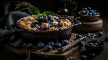 close up blueberry cobbler with blueberries fruit on a wooden table with a blurred background, AI Generative photo