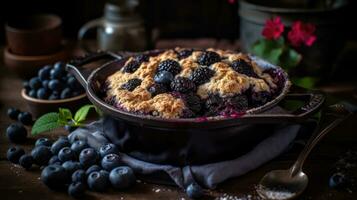 close up blueberry cobbler with blueberries fruit on a wooden table with a blurred background, AI Generative photo