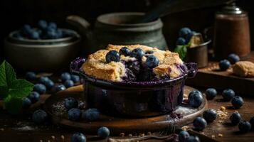 close up blueberry cobbler with blueberries fruit on a wooden table with a blurred background, AI Generative photo
