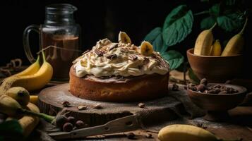 dulce plátano pastel con crema queso con plátano rebanadas en eso difuminar fondo, ai generativo foto