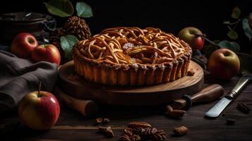 perfect viewing angle of sweet apple pie with complete composition on blur background, AI Generative photo