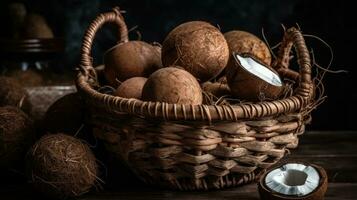 cerca arriba cocos frutas en un bambú cesta con borroso fondo, ai generativo foto