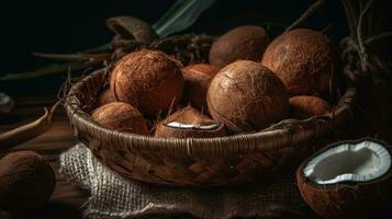 Close up coconuts fruits in a bamboo basket with blurred background, AI Generative photo