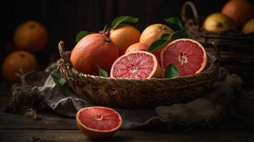 Grapefruits in a bamboo basket on a black background, photo