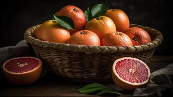 Grapefruits in a bamboo basket on a black background, photo