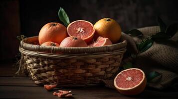 Grapefruits in a bamboo basket on a black background, photo