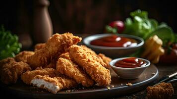 Closeup Chicken Tenders with vegetable ornament on blurred background, AI Generative photo