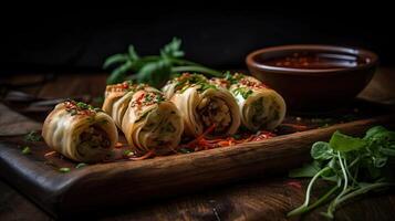 Closeup crispy eggrolls on wood plate with blurred background, AI Generative photo