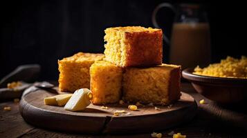 Fluffy cake cornbread on wood plate with blurred background, AI Generative photo