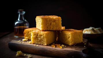 Fluffy cake cornbread on wood plate with blurred background, AI Generative photo