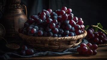 closeup fresh grape fruits on bamboo basket with blurred background, photo