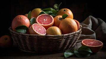 Closeup Grapefruits in a bamboo basket on a black background, photo