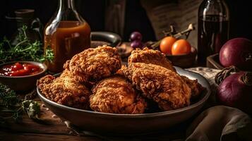 closeup crispy fried chicken on wooden plate with blurred background, AI Generative photo