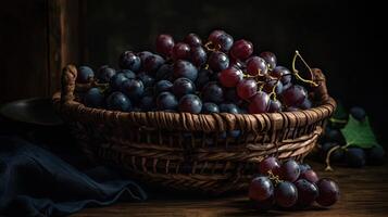 Fresh Grape fruits on bamboo basket with blurred background, photo