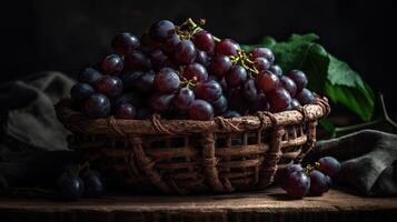 Fresh Grape fruits on bamboo basket with blurred background, photo