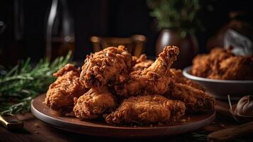 closeup crispy fried chicken on wooden plate with blurred background, AI Generative photo